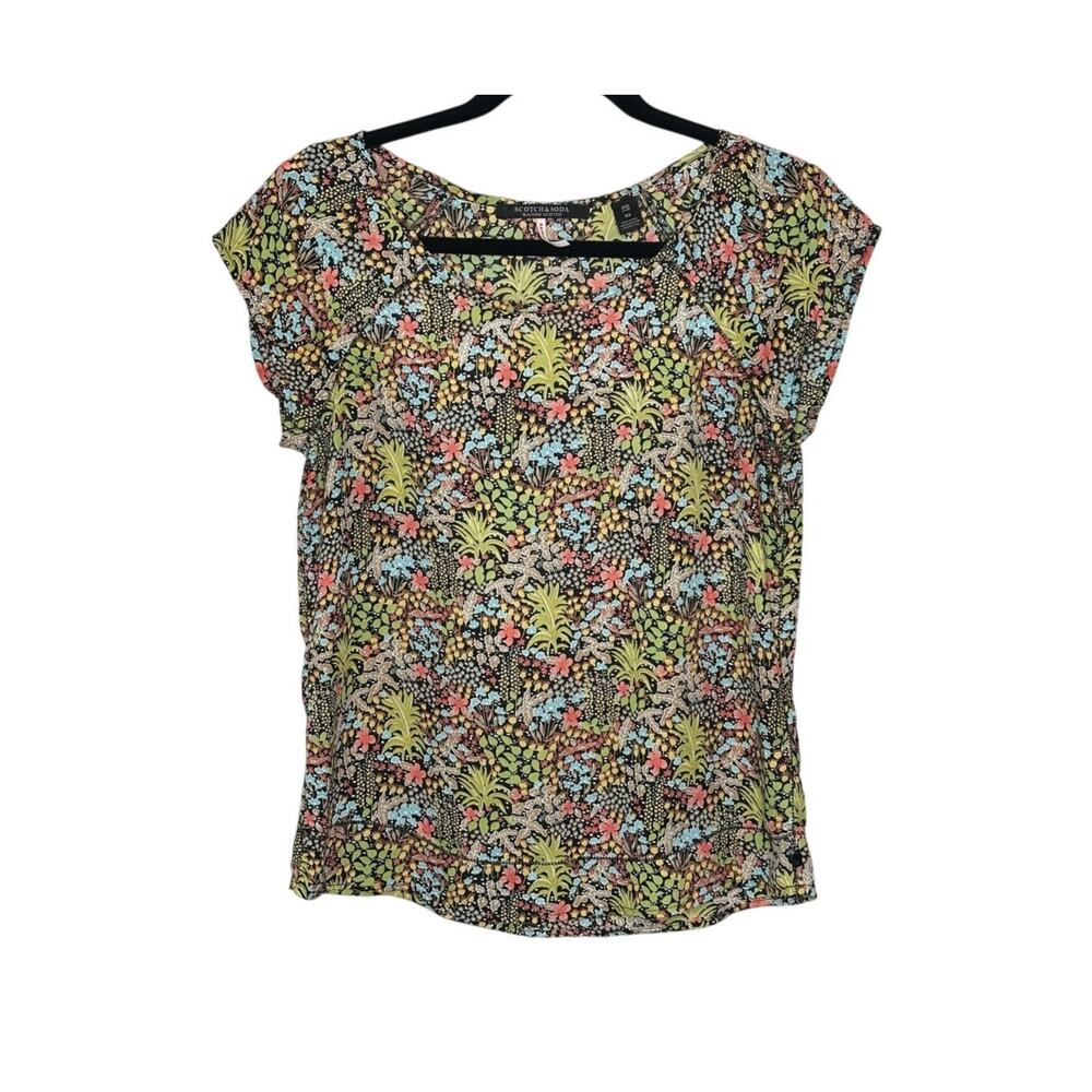 Scotch & Soda Blouse Womens XS Yellow Black Tropical Floral Cap Sleeve Top EUC